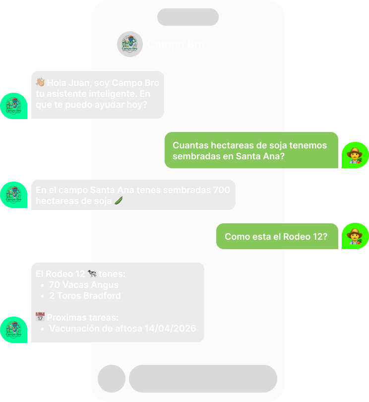 Campo Bro WhatsApp Bot mostrando una conversación sobre hacienda